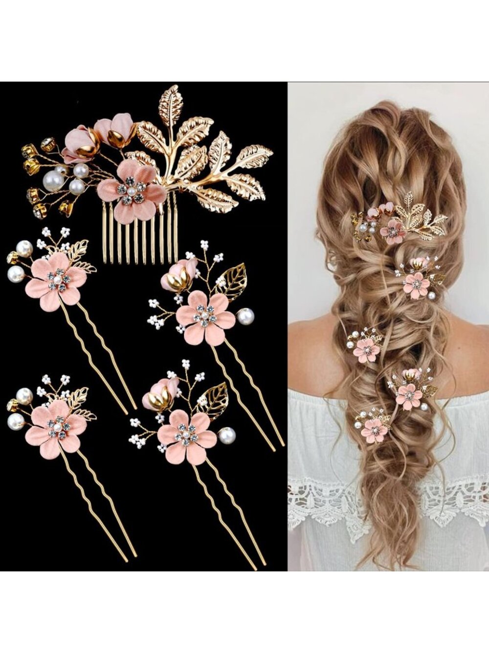 Women's Blossom Pink Rhinestone Bridesmaids Crystal Jewellery Pearl Hair Clip